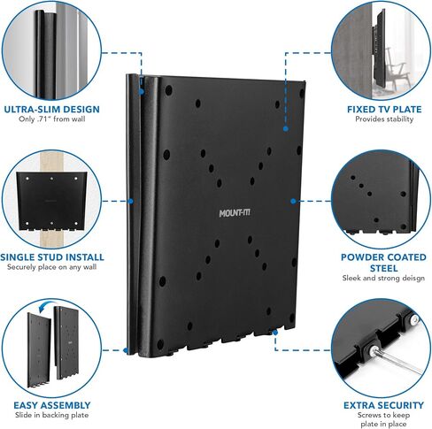 Mount-It! Low Profile Fixed TV Wall Mount – Ultra Slim Flush Design for 23–42 Inch Screens – Fits VESA 200x200 – Heavy-Duty Steel – 66 lb Capacity – 0.7 Inch Wall Clearance – Black in Kuwait