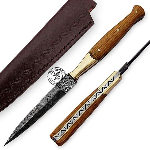 Beautiful Olive Wood Damascus Slim Dagger Hunting Knife, Double Edge, Fixed Blade Hunting Knife for EDC, Camping, Outdoor Survival Hunting Accessories, Gifts for Men, Boyfriend, Dad, Father’s Day Gift, 100% Prime Quality in Kuwait