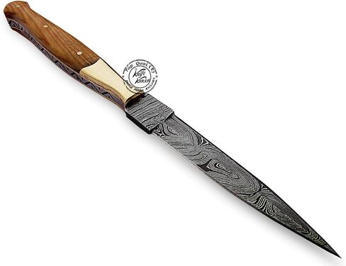 Beautiful Olive Wood Damascus Slim Dagger Hunting Knife, Double Edge, Fixed Blade Hunting Knife for EDC, Camping, Outdoor Survival Hunting Accessories, Gifts for Men, Boyfriend, Dad, Father’s Day Gift, 100% Prime Quality in Kuwait