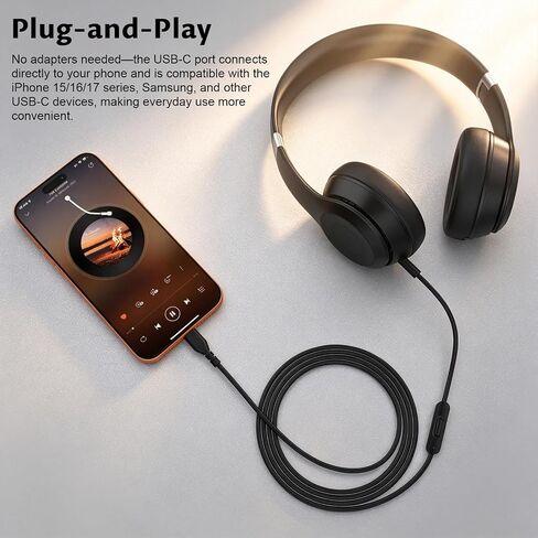 كابل صوت بديل 3.5 ملم إلى USB-C مع ميكروفون مدمج وتحكم في مستوى الصوت متوافق مع Beats بواسطة Dr. Dre Solo 3 / Solo 2 / Solo HD / Studio 2 / Studio Pro / Detox / Mixr / سماعات الرأس التنفيذية 4.6FT in Kuwait