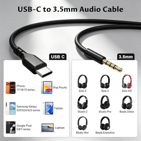 كابل صوت بديل 3.5 ملم إلى USB-C مع ميكروفون مدمج وتحكم في مستوى الصوت متوافق مع Beats بواسطة Dr. Dre Solo 3 / Solo 2 / Solo HD / Studio 2 / Studio Pro / Detox / Mixr / سماعات الرأس التنفيذية 4.6FT in Kuwait