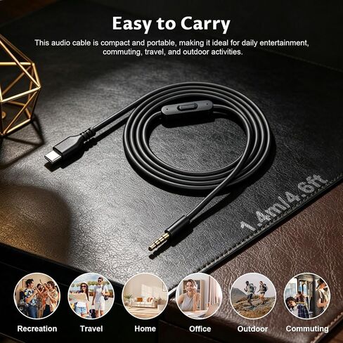 كابل صوت بديل 3.5 ملم إلى USB-C مع ميكروفون مدمج وتحكم في مستوى الصوت متوافق مع Beats بواسطة Dr. Dre Solo 3 / Solo 2 / Solo HD / Studio 2 / Studio Pro / Detox / Mixr / سماعات الرأس التنفيذية 4.6FT in Kuwait