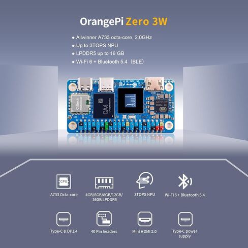 كمبيوتر OrangePi Zero3W 6GB LPDDR5 AllWinner A733 ثماني النواة مع 3 وحدات NPU، WiFi 6.0/Bluetooth 5.4، لوحة تطوير تعمل بنظام Linux/Debian/Ubuntu/Android (6 جيجابايت) in Kuwait