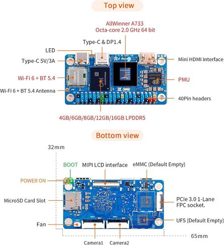 كمبيوتر OrangePi Zero3W 6GB LPDDR5 AllWinner A733 ثماني النواة مع 3 وحدات NPU، WiFi 6.0/Bluetooth 5.4، لوحة تطوير تعمل بنظام Linux/Debian/Ubuntu/Android (6 جيجابايت) in Kuwait