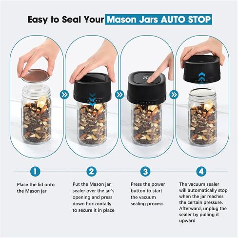 ZIWEO Mason Jar Vacuum Sealer Kit for Wide Mouth and Regular Mouth Mason Jars, Electric Vacuum Sealer with Suction Nozzle, 10 Lids and 1 Vacuum Bag, Compact and Auto Stop Design in Kuwait