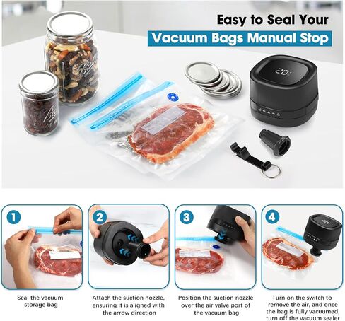 ZIWEO Mason Jar Vacuum Sealer Kit for Wide Mouth and Regular Mouth Mason Jars, Electric Vacuum Sealer with Suction Nozzle, 10 Lids and 1 Vacuum Bag, Compact and Auto Stop Design in Kuwait
