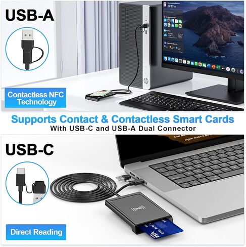 Smart Card Reader with NFC, CAC Reader for DOD Military Common Access, 2-in-1 Contact & Contactless ID and Bank Chip Card Reader, Built-in USB-C with USB-A Adapter for Windows, MacOS, Linux in Saudi Arabia