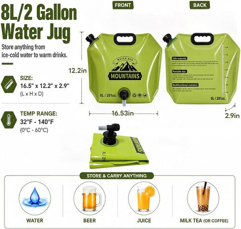 6Pack Collapsible Water Container 8L/2 Gallon Water Jug with Spigot, Reusable Water Storage Bag for Camping, Hiking, Emergency Preparedness, Survival Gear and Outdoor Travel in Saudi Arabia