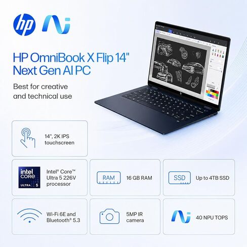 HP OmniBook X Flip 14" Next Gen AI 2-in-1 Laptop | 2K Touchscreen | Intel Core Ultra 5 226V | 16GB DDR5 RAM | 2TB PCIe SSD | Win 11 | Backlit Keyboard | Built for Work, Creativity & Productivity in Saudi Arabia