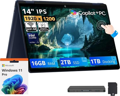 HP OmniBook X Flip 2-in-1 14" WUXGA Touch Copilot+ PC Laptop, Intel Ultra 5 226V, 16GB LPDDR5X, 1.5TB Storage (512GB SSD+1TB Docking Station), Intel Arc 130V GPU 8GB, Backlit Keyboard, Win11 Pro, Blue in Saudi Arabia