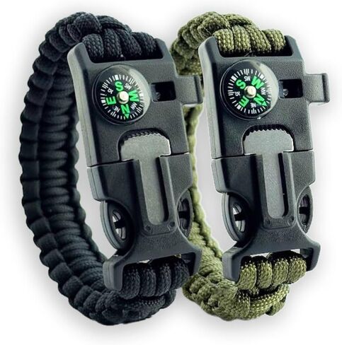 Paracord Rope Bracelet w/Fire Starter, Survival Whistle & Compass - Black & Green - Survival Gear for Camping - Hiking - Hunting - Fishing & Emergencies in Kuwait