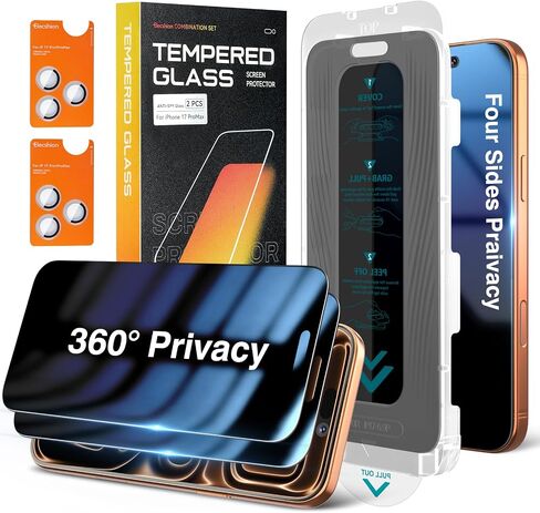 Elecshion 4 Way 360° Anti Spy for iPhone 17 Pro Max Privacy Screen Protector + Camera Lens Protector (2+2), Auto-Align Kit, 10X Military Shatterproof Anti Peep Tempered Glass Film for 17 Pro Max in Kuwait