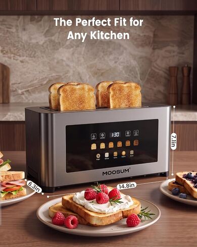 Touch Screen 4 Slice Toaster with Wide 1.6" Slots & Memory Lift, Stainless Steel Smart Digital Toaster with Timer, 6 Browning Levels, Defrost & Reheat, For Bagel & Waffle in Saudi Arabia