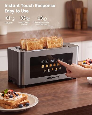 Touch Screen 4 Slice Toaster with Wide 1.6" Slots & Memory Lift, Stainless Steel Smart Digital Toaster with Timer, 6 Browning Levels, Defrost & Reheat, For Bagel & Waffle in Saudi Arabia