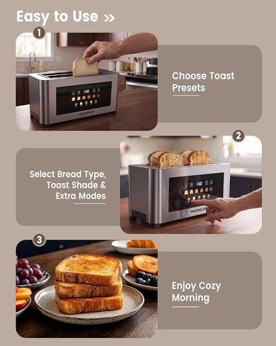 Touch Screen 4 Slice Toaster with Wide 1.6" Slots & Memory Lift, Stainless Steel Smart Digital Toaster with Timer, 6 Browning Levels, Defrost & Reheat, For Bagel & Waffle in Saudi Arabia