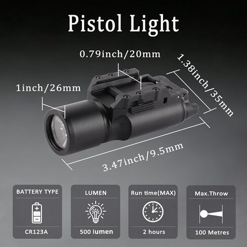 Tactical Pistol Light, 500 Lumen Weapon Lights Compatible with 20mm Picatinny Rail Handgun Flashlight (Not for Subcompact) in Saudi Arabia