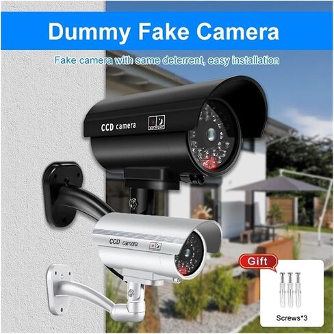 1PC Dummy Security Camera Watreproof Indoor Outdoor Fake CCTV Surveillance System, Red Flashing LED Lights, No Wiring Required(CG03-Sliver) in Saudi Arabia