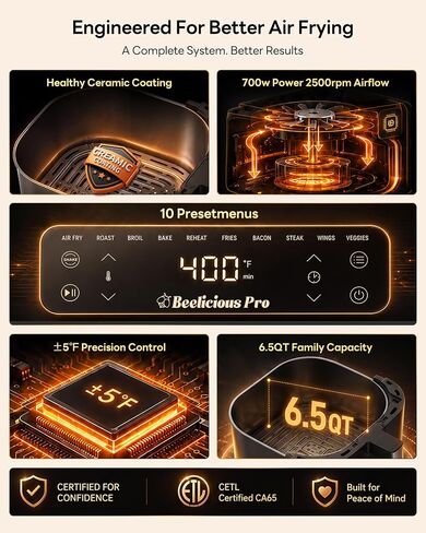 Beelicious Pro 10-in-1 MicroTemp Air Fryer 6.5QT, PFAS-Free Ceramic Coating Airfryers, Nonstick & Dishwasher Safe, AI-Powered E-Recipes, Shake Reminder, Compact, Digital Display BAF-8601 in Kuwait