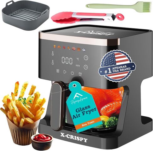 APSARAS USA Air Fryer Glass, 5.2QT Convection Oven Glass Air Fryer Non Toxic, Transparent Fry Bowl | Cook Shrimp, Steak, Fries, Wings, Chicken & More | Precise Temperature Control & Time in Kuwait