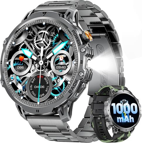 LIGE Military Smart Watches for Men(2 Bands),1000mAh/1.85" HD Large Screen Smartwatch, Flashlight/110+ Sports Modes/Sleep Monitor, Fitness Tracker Watch for Android iOS,Black in Kuwait