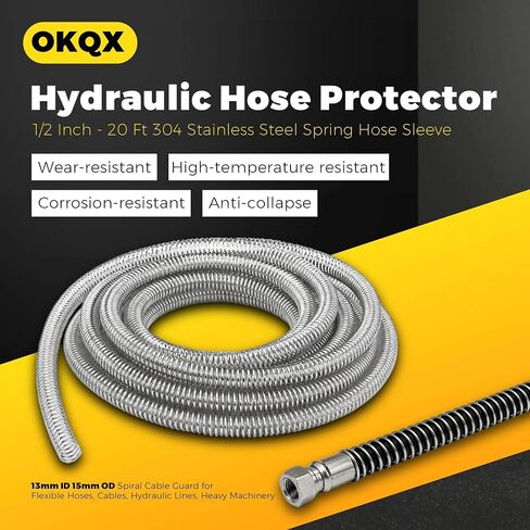 Hydraulic Hose Protector 1/2 Inch - 20 Ft 304 Stainless Steel Spring Hose Sleeve, 13mm ID 15mm OD Spiral Cable Guard for Flexible Hoses, Cables, Hydraulic Lines, Heavy Machinery in Kuwait