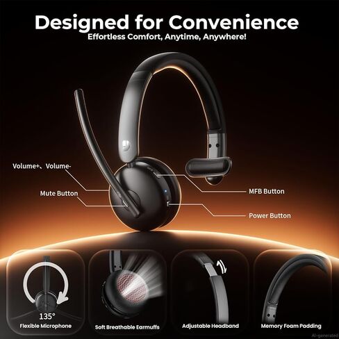 Dytole Wireless Headset with Mic for Work, Bluetooth Headset with Mic, AI Noise Cancelling, 65H Battery & Mute Function, Single-Ear Wireless Headset & USB Dongle, Fit for PC/Laptop/Teams/Call Center in Saudi Arabia