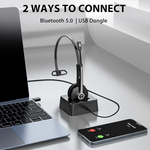 Earbay Trucker Bluetooth Headset, Wireless Headset with Mic for Work Noise Canceling & USB Dongle, Bluetooth Headphones with Microphone Mute & Charing Dock for Trucker/Meeting/Remote Work/PC/Office in Kuwait