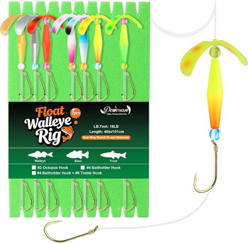 Dovesun Crawler Harness Walleye Rigs with Dual-Wing Blade, Float Walleye Spinner Rig for Slow Trolling (0.25 mph), Fluorocarbon Worm Harness, 2 Hook Walleye Fishing Rigs, 7 Pack in Saudi Arabia