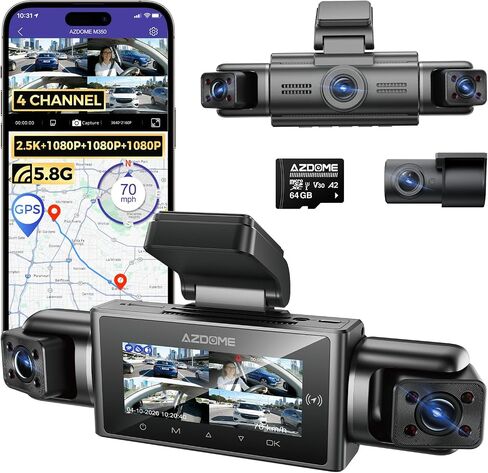 AZDOME M350 4 Channel 360 Dash Cam Front 2.5K,1080P Rear Left Right Camera for Cars, IR Night Vision Built-in GPS with Find My Voice Control, 5G WiFi,Supercapacitor,24/7 Recording,128GB (64, GB) in Kuwait