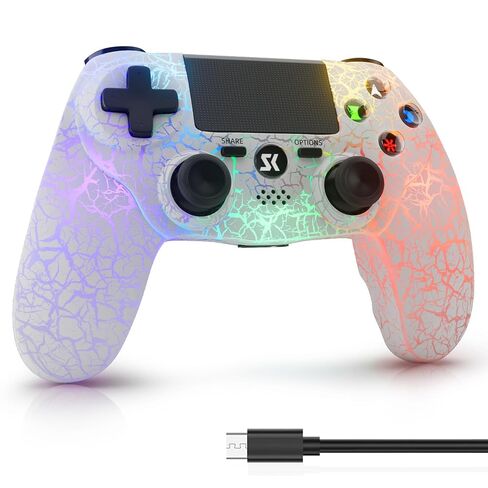 وحدة تحكم لاسلكية ISHAKO متوافقة مع جهاز Sony PlayStation 4/Pro/Slim، ونوافذ الكمبيوتر الشخصي/الكمبيوتر المحمول، مع بطارية 1000 مللي أمبير في الساعة/مستشعر حركة 6 محاور/اهتزاز مزدوج/إضاءة RGB ديناميكية - وحدة تحكم بيضاء in Kuwait