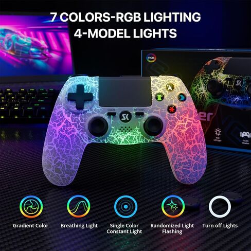 وحدة تحكم لاسلكية ISHAKO متوافقة مع جهاز Sony PlayStation 4/Pro/Slim، ونوافذ الكمبيوتر الشخصي/الكمبيوتر المحمول، مع بطارية 1000 مللي أمبير في الساعة/مستشعر حركة 6 محاور/اهتزاز مزدوج/إضاءة RGB ديناميكية - وحدة تحكم بيضاء in Kuwait