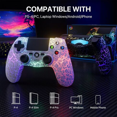 وحدة تحكم لاسلكية ISHAKO متوافقة مع جهاز Sony PlayStation 4/Pro/Slim، ونوافذ الكمبيوتر الشخصي/الكمبيوتر المحمول، مع بطارية 1000 مللي أمبير في الساعة/مستشعر حركة 6 محاور/اهتزاز مزدوج/إضاءة RGB ديناميكية - وحدة تحكم بيضاء in Kuwait