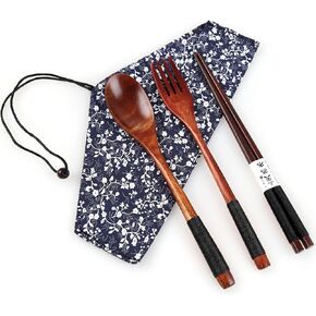 Wooden Chopsticks Spoon Fork Set Tableware Travel Utensils with Pouch in Kuwait