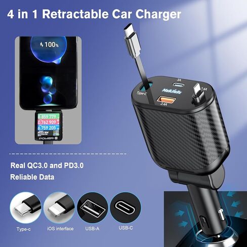شاحن سيارة قابل للسحب من MAGJIEYX، محول شحن سريع 62 وات من النوع C/USB-i ومنافذ USB C/USB A QC وPD لهواتف iPhone 17/16/15/14/13/12Pro Max Plus، وiPad، وAirPods، وGalaxy in Kuwait