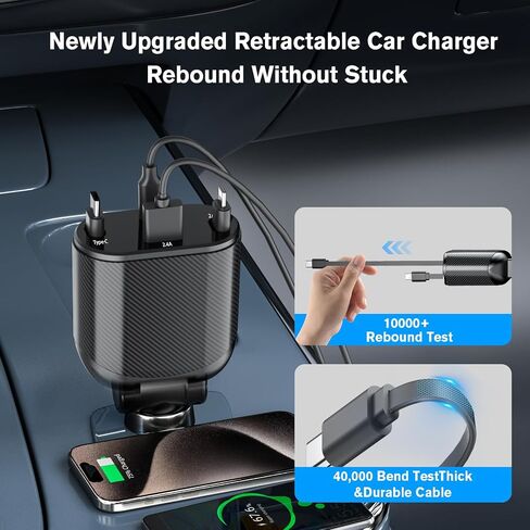 شاحن سيارة قابل للسحب من MAGJIEYX، محول شحن سريع 62 وات من النوع C/USB-i ومنافذ USB C/USB A QC وPD لهواتف iPhone 17/16/15/14/13/12Pro Max Plus، وiPad، وAirPods، وGalaxy in Kuwait