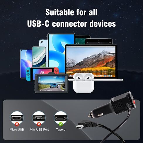 Dash Cam Charger USB C, Dual Port Dashcam Power Adapter with Switch Type C 90 Degree Angled Car Fast Charging Cord for REDTIGER/Vantrue/Garmin GPS Navigator Truck(11.5FT) in Kuwait