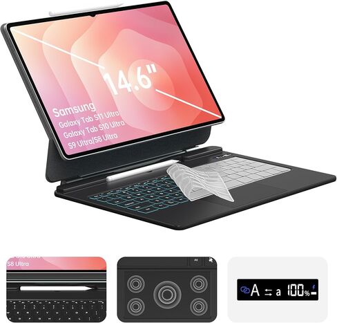Keyboard Case for Galaxy Tab S11/S10/S9/S8 Ultra 14.6-inch with S Pen Holder, Magic-Style Floating Cantilever with Battery Display, AI Key Ready, Dex Mode, 3-Level 7-Color Backlit, Black in Saudi Arabia