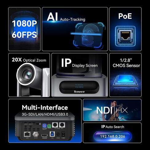 Tenveo NDI PTZ Camera, AI Humanoid & Face Auto-Tracking, 20X Optical Zoom, 3G-SDI/HDMI/USB3.0/LAN(PoE) Live Streaming with Tally Light & IP Display, for Live Streaming Video Production Church Worship in Saudi Arabia