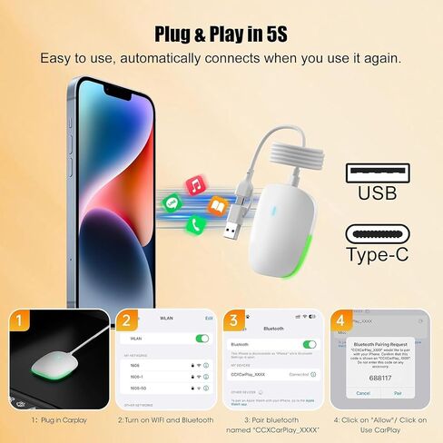 2in1 Wireless Carplay Adapter for iPhone Android,Plug n Play Easy Setup Automatic Reconnect,Convert Wired to Wireless Bluetooth Carplay Adapter Dongle (USB A/C) 02w in Saudi Arabia