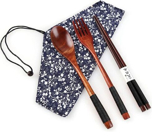 Wooden Chopsticks Spoon Fork Set Tableware Travel Utensils with Pouch in Kuwait