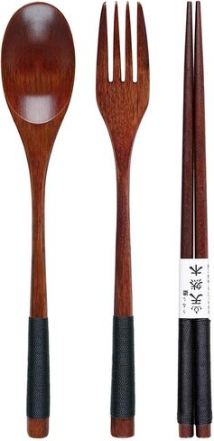 Wooden Chopsticks Spoon Fork Set Tableware Travel Utensils with Pouch in Kuwait