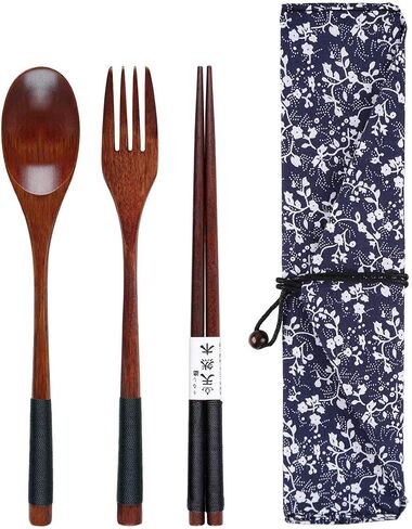 Wooden Chopsticks Spoon Fork Set Tableware Travel Utensils with Pouch in Kuwait