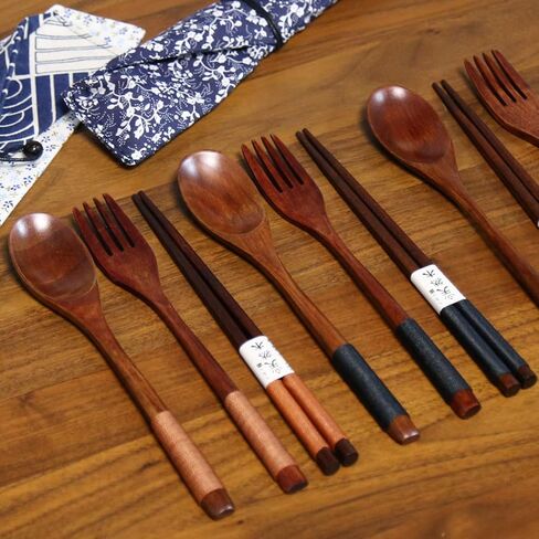 Wooden Chopsticks Spoon Fork Set Tableware Travel Utensils with Pouch in Kuwait