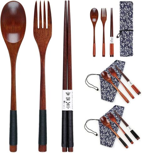 Wooden Chopsticks Spoon Fork Set Tableware Travel Utensils with Pouch in Kuwait