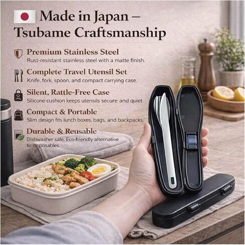 Travel Utensils Set with Case [Made in Japan] Matte Finish Knife Fork Spoon Noise Free Portable Case Lunch Box Cutlery Set for Work Reusable Stainless Steel in Kuwait