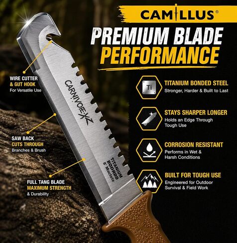 Camillus Carnivore XZ 8 "مجموعة سكاكين ذات نصل ثابت مع أداة متعددة، سكين تخييم من الفولاذ المربوط بالتيتانيوم مع غمد in Kuwait