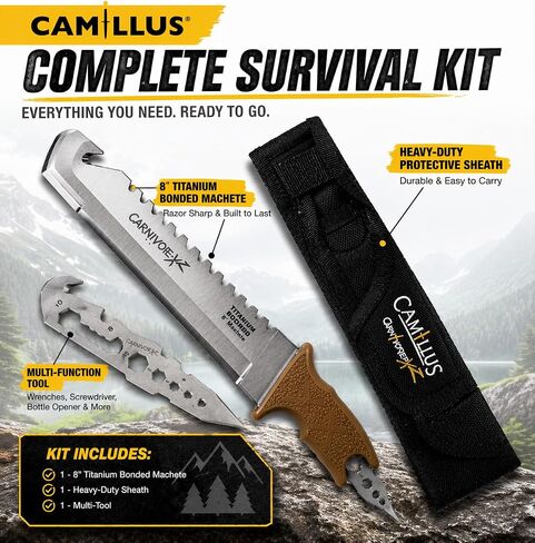 Camillus Carnivore XZ 8 "مجموعة سكاكين ذات نصل ثابت مع أداة متعددة، سكين تخييم من الفولاذ المربوط بالتيتانيوم مع غمد in Kuwait