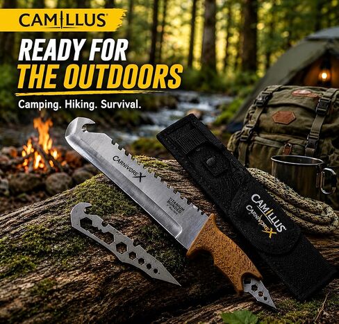 Camillus Carnivore XZ 8 "مجموعة سكاكين ذات نصل ثابت مع أداة متعددة، سكين تخييم من الفولاذ المربوط بالتيتانيوم مع غمد in Kuwait