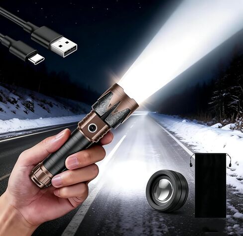 SKYFIRE LED Flashlights High Lumens with Ignition Lens,3000lm Super Bright Rechargeable Flashlight,Zoomable,4 Modes,Waterproof Tactical Flash Light for Camping Essentials,Outdoor and Home,Gift in Kuwait