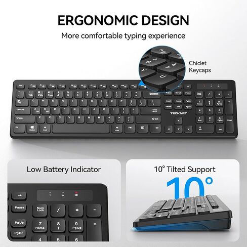 TECKNET Wireless Keyboards Full Size, Bluetooth+2.4G USB for Windows, Black in Saudi Arabia
